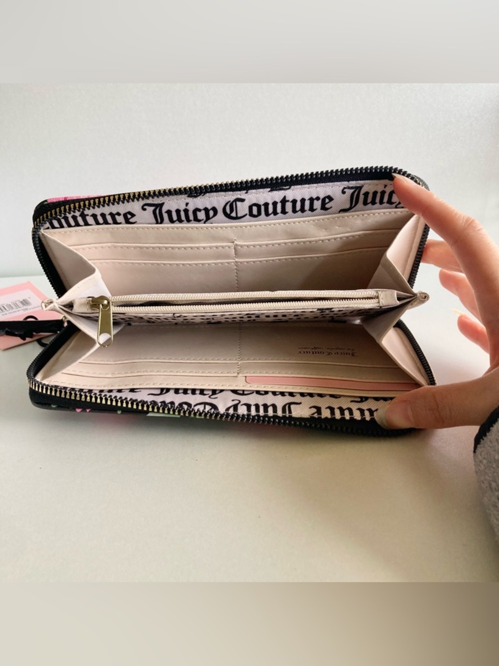 Juicy Couture Black Bow Zip Wallet with Pink & Green floral Accents - Picture 10 of 10